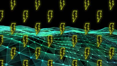 animation of thunderbolt icons in seamless pattern over green digital wave against black background