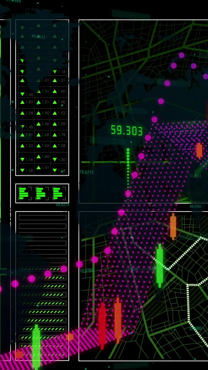 Animation of financial data processing over grid on dark background