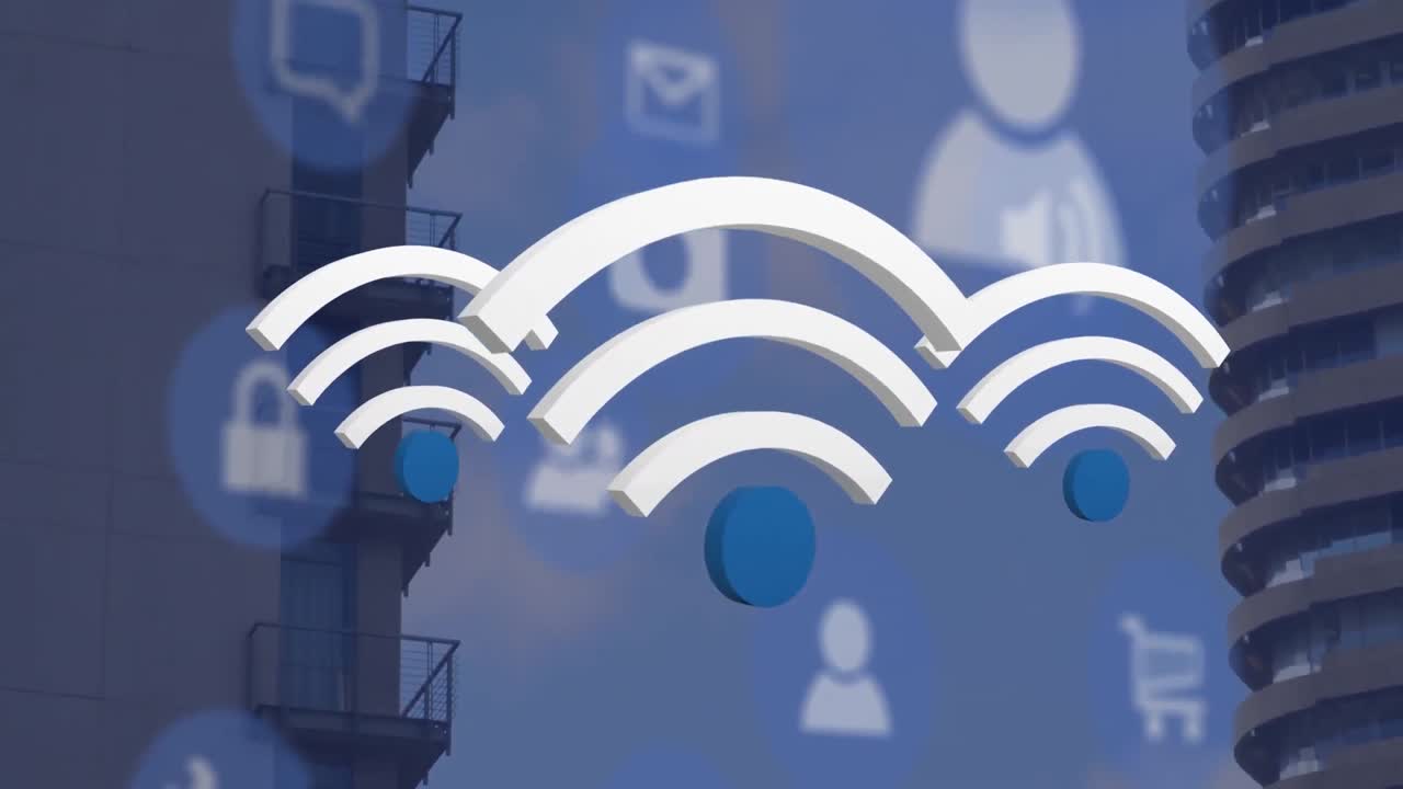 Animation of wifi and digital icons floating over cityscape