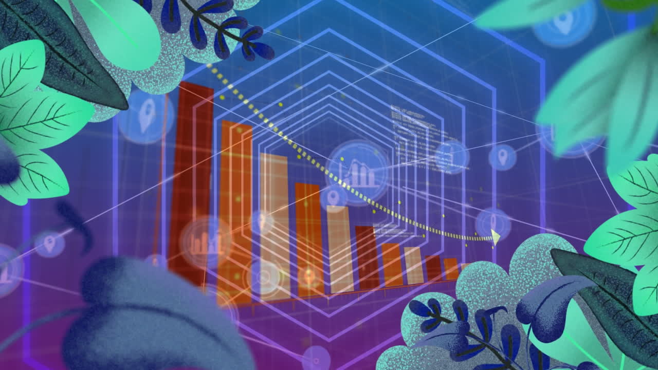 animación de flores, conexiones y procesamiento de datos sobre hexágonos.