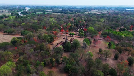 aerial view of sukhothai thailand si satchanalai historical park, ancient ruins pagoda and temple buddhist cultural unesco heritage drone high angle