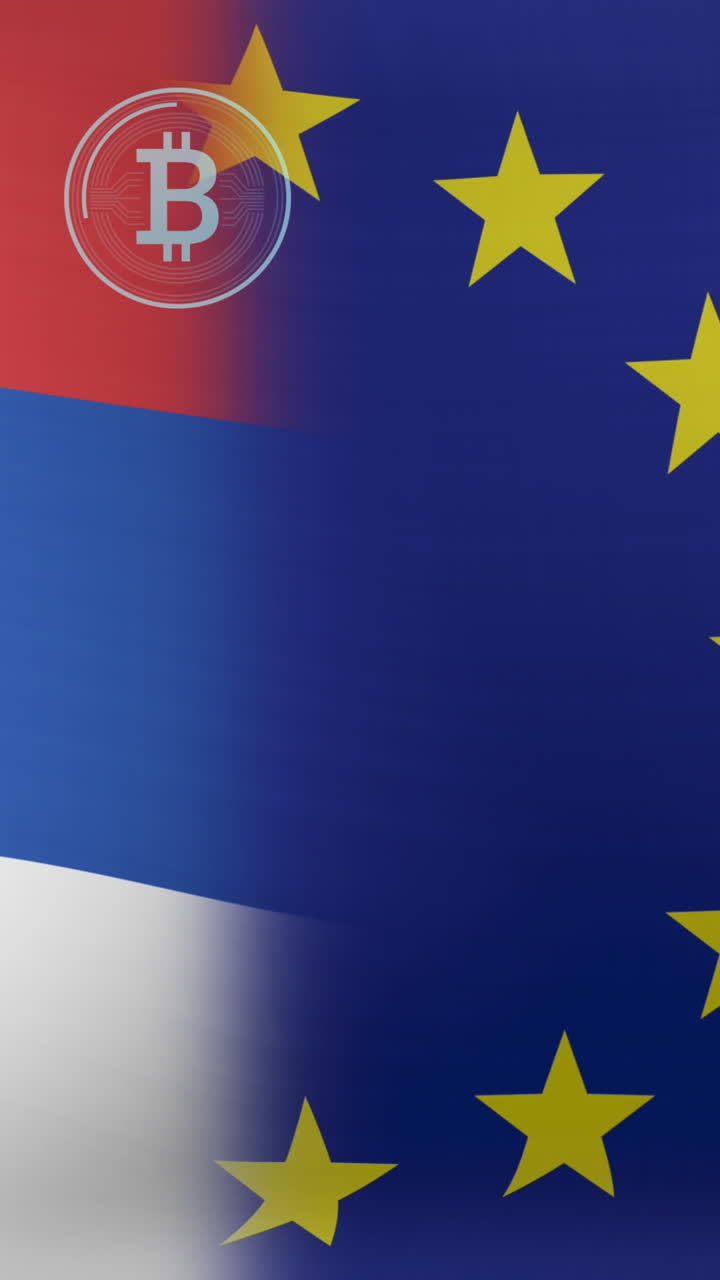 세르비아 와 유럽 연합 의  ⁇ 발 위 에 있는 비트코인 기호 의 애니메이션