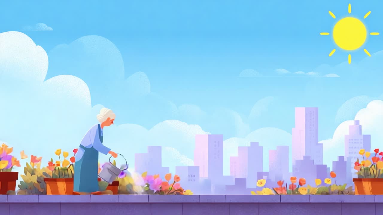 A serene rooftop garden scene featuring a woman tending to vibrant flowers, showcasing the joy of gardening against a picturesque urban backdrop under a clear blue sky