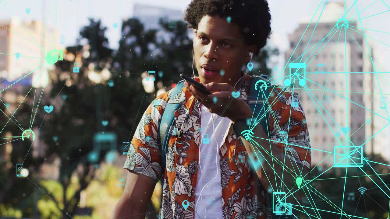 Animation of media icons over african american man using smartphone