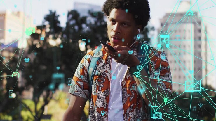 Animation of media icons over african american man using smartphone
