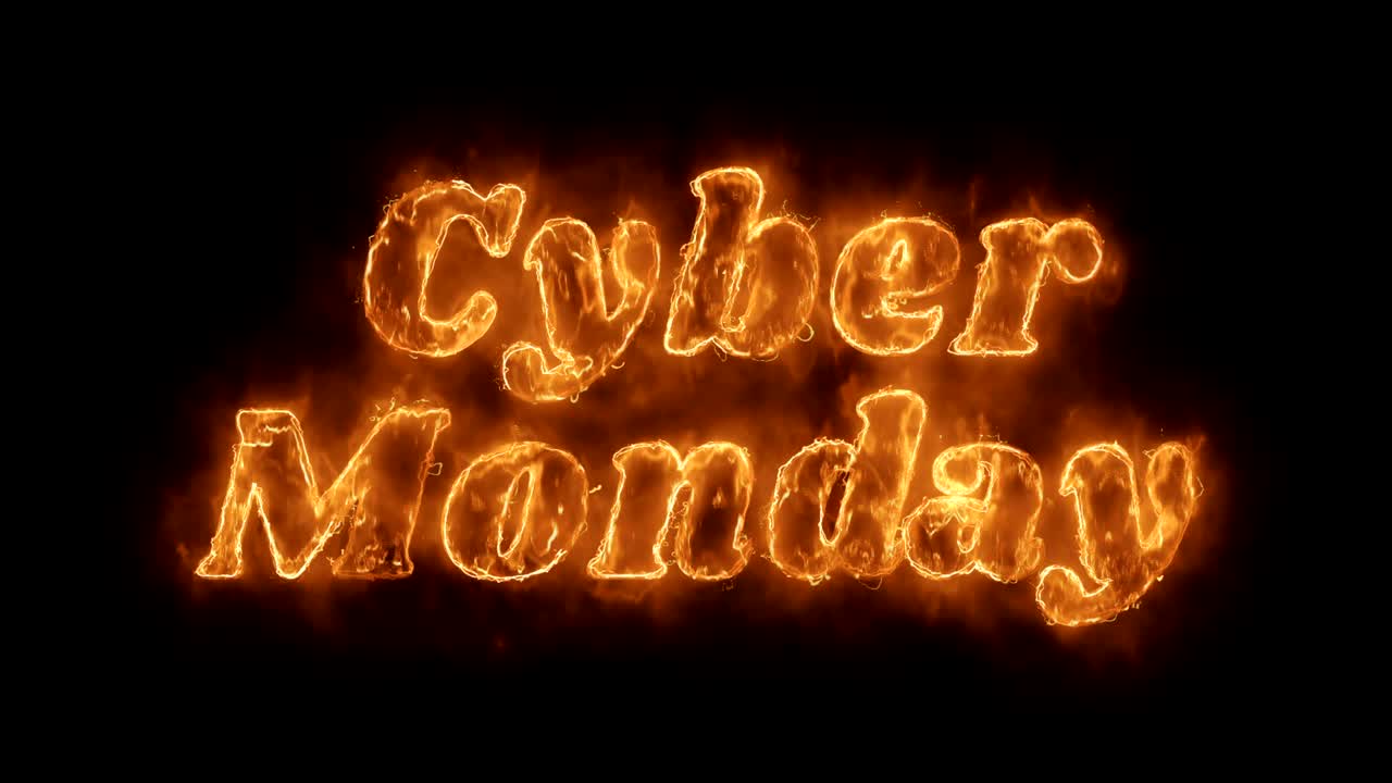 el lunes cibernético es una palabra animada caliente que quema un bucle de llamas de fuego realista.