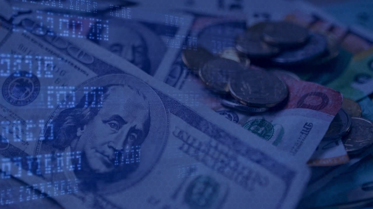 Digital finance background with US dollar banknotes coins and data overlay for global economy concept