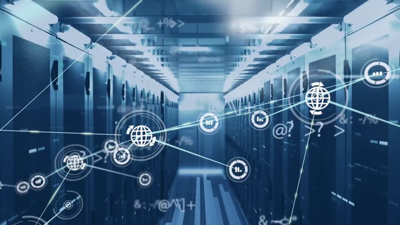animación de la red de conexiones con iconos a través de un servidor informático