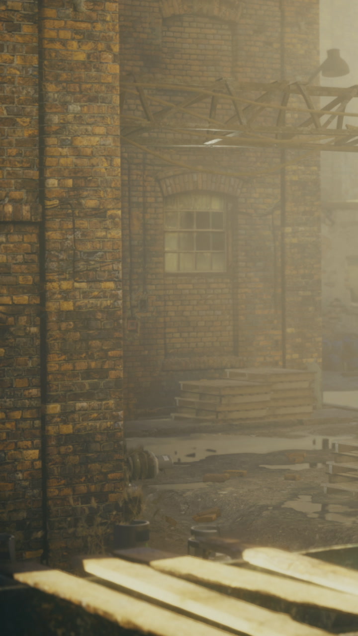 Brick pathways in an old warehouse illuminated by soft morning light