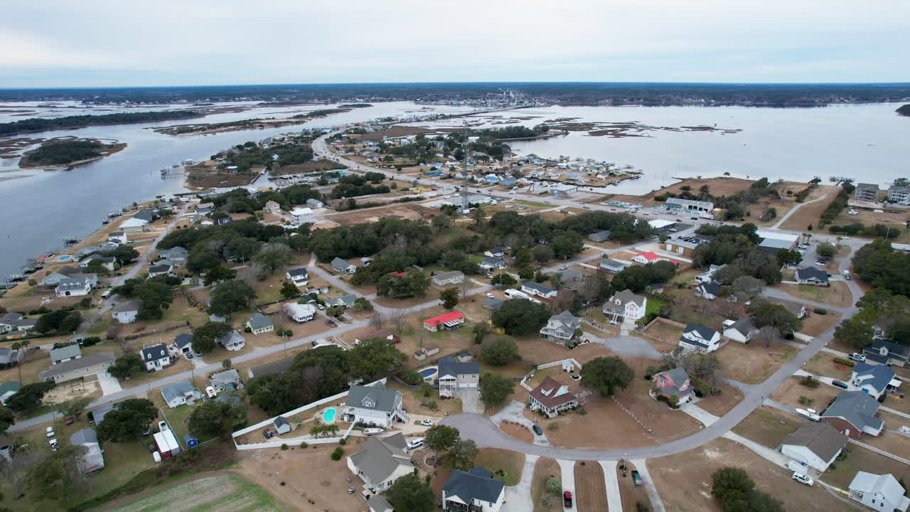 Drone shot of Cedar Point, North Carolina, small coastal town
