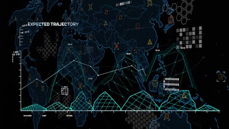 Animation-of-financial-data-processing-over-world-map-on-black-background