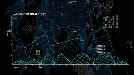 animación del procesamiento de datos financieros sobre el mapa del mundo en fondo negro