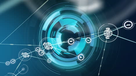 animating digital network connections and data processing over blue circular interface