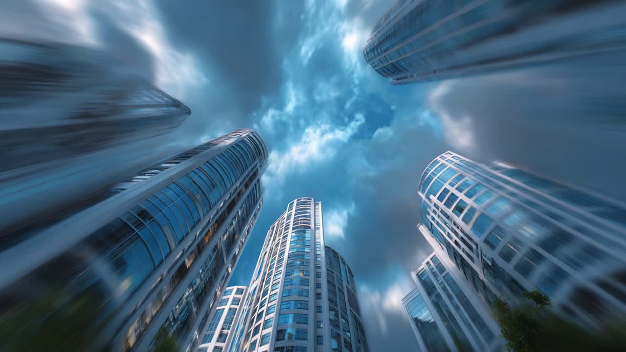 A Stunning Perspective View of Modern Skyscrapers Under Dramatic Cloudy Skies Captured in Two Frames, Highlighting Urban Architecture and Nature's Contrast