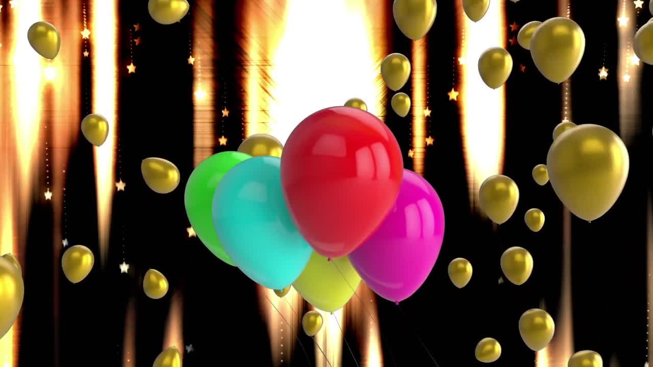 animación de globos coloridos que vuelan sobre luces brillantes