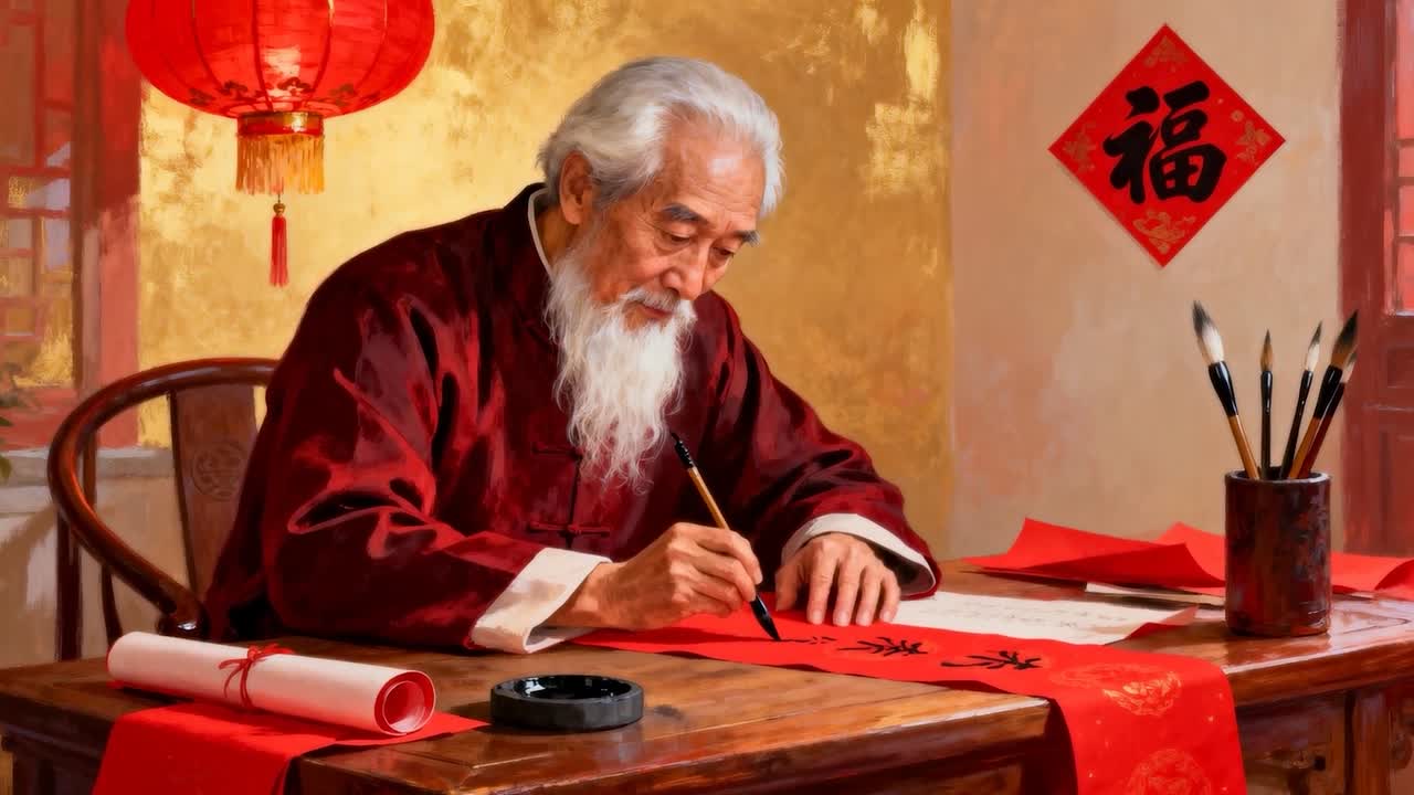 Đặt bút, nhà thư pháp cao cấp mặc áo choàng đỏ đang thực hiện các nét vẽ trên cuộn giấy đỏ tại nơi nghiên cứu với nghiên mực