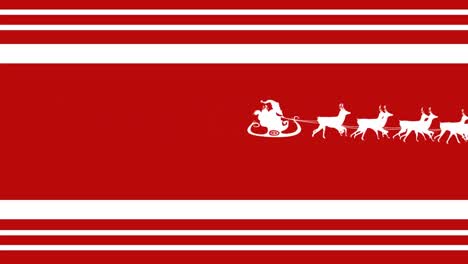 animation santa claus in sleigh with reindeer moving on red striped christmas background