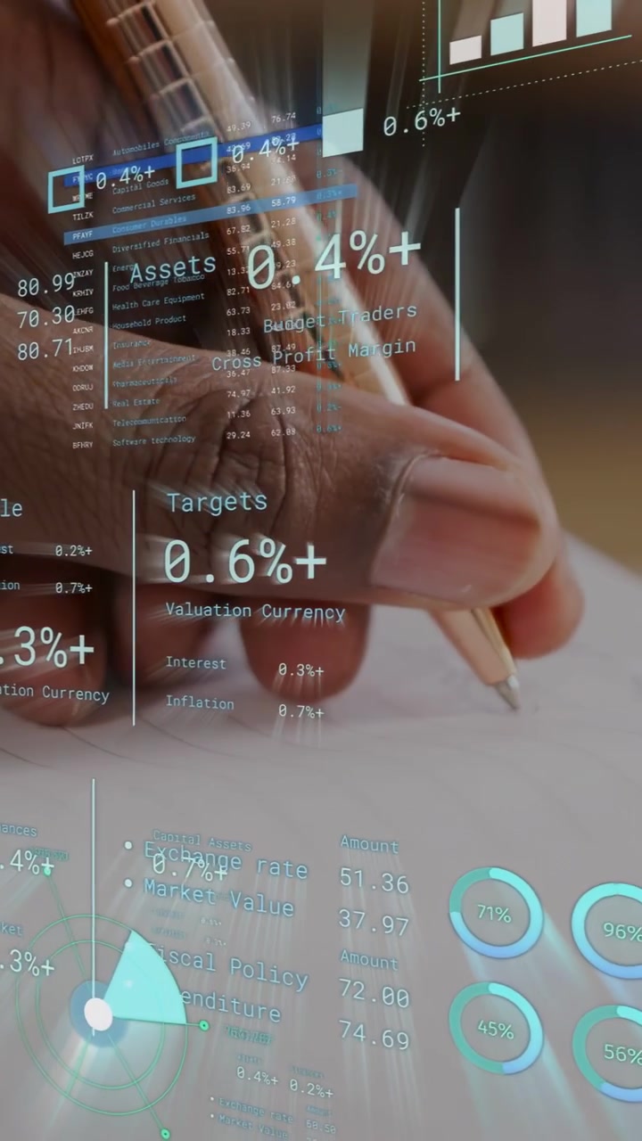 Vertical video: Right hand writing on paper, pen contact updating finance HUD charts for review