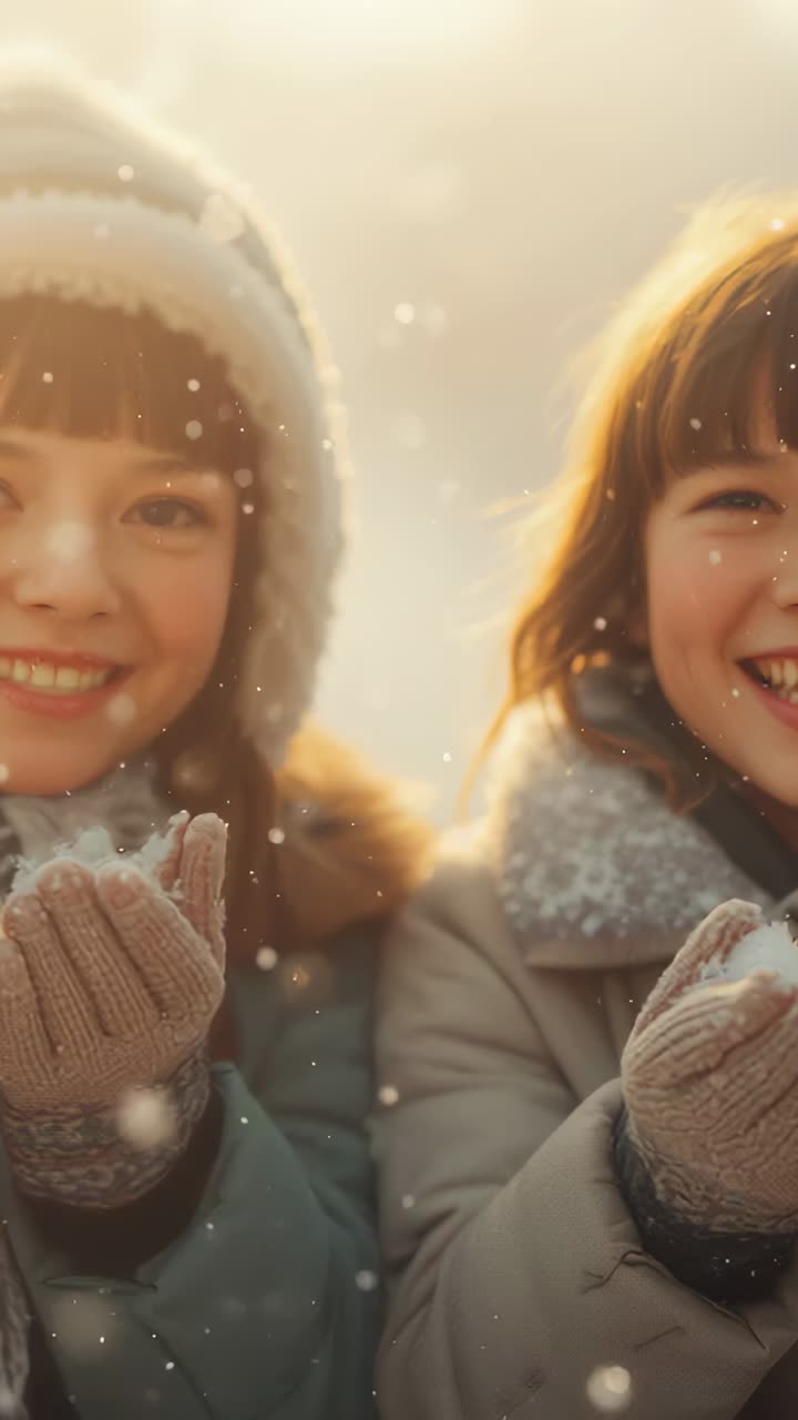 Vertical video: Siblings catching falling flakes and holding snow in yard, with coats and gloves