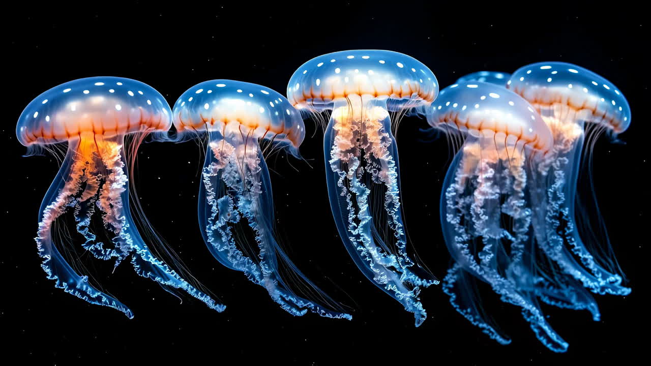 Graceful, colorful jellyfish in water. Several vibrant jellyfish float elegantly in dark water, showcasing bright colors and flowing tentacles