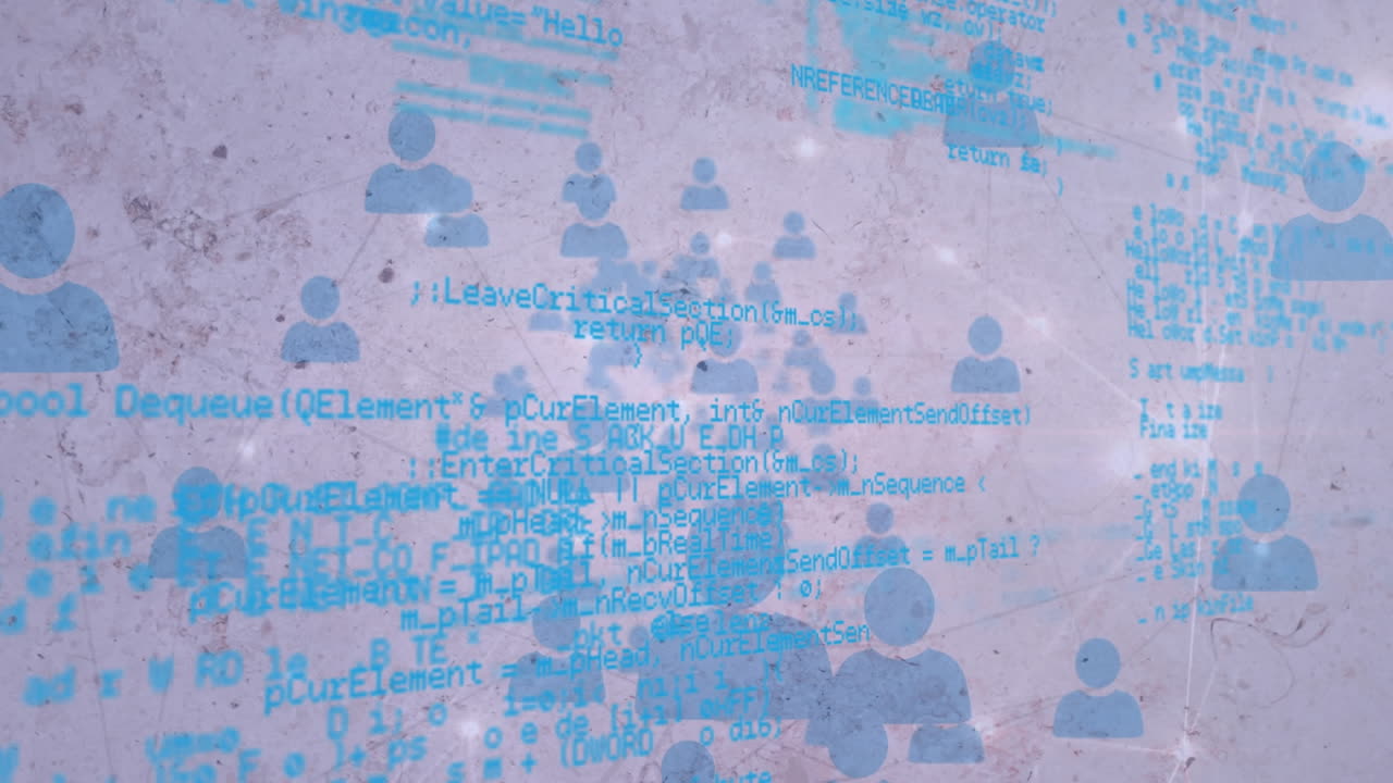 Animation of networks of connections with icons and data processing over white background