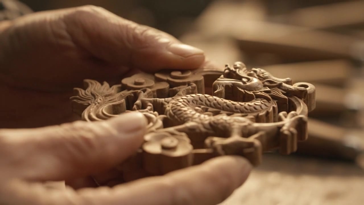 Artesão entalhador de madeira polindo um ornamento de dragão intrincado em oficina