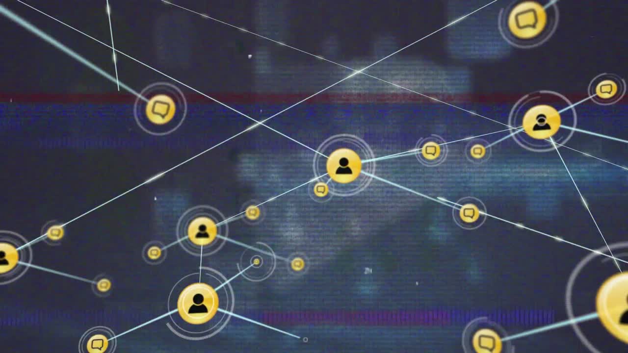 animación del efecto de glitch sobre la red de iconos de perfil contra fondo azul