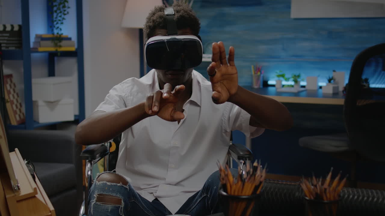 Disabled african american man using vr glasses for inspiration