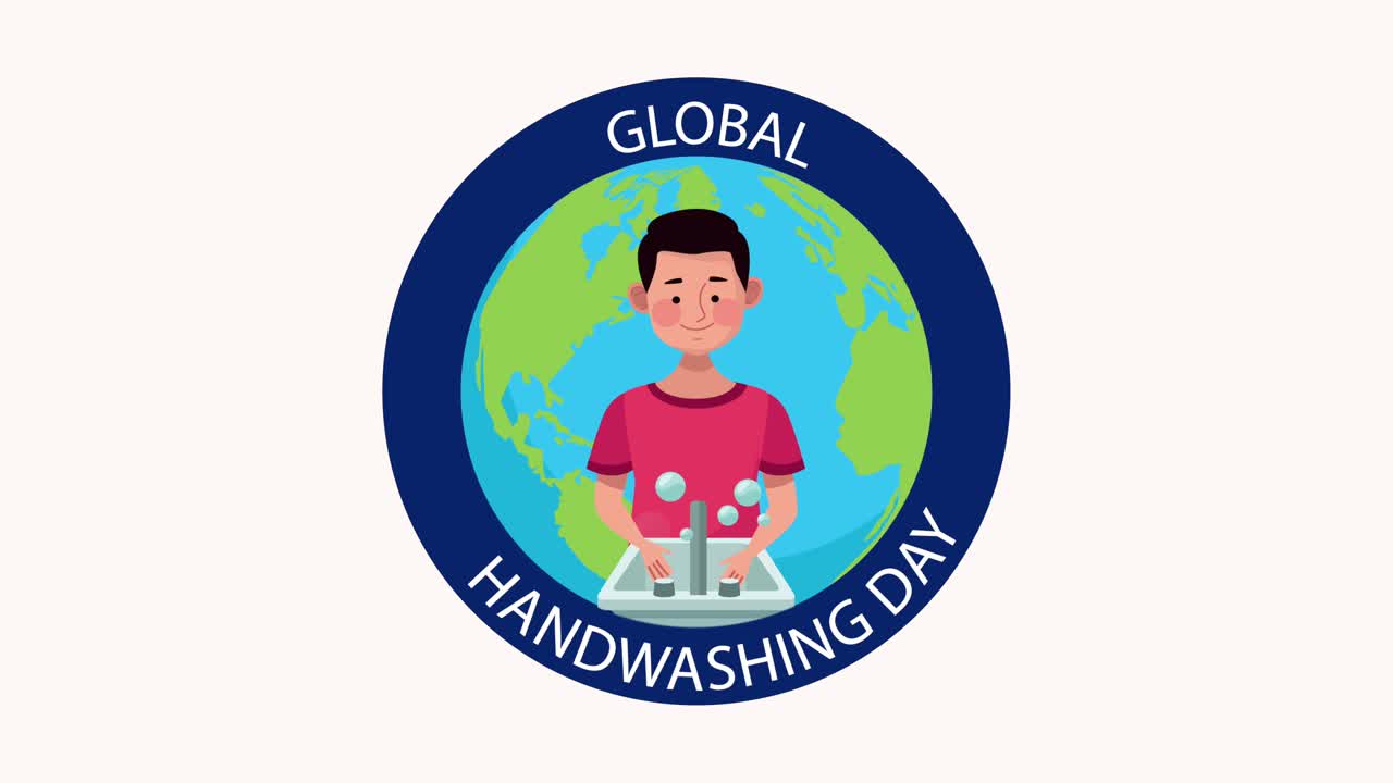 화장실에 있는 남자와 세계 행성의 세계적인 손 기 애니메이션