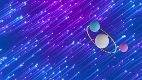 animation of 3d multicoloured spheres over light trails on blue background