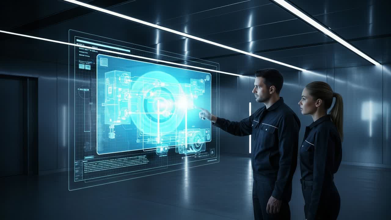 Collaborative Interaction with Advanced Technology: A Man and Woman Engaging with a Futuristic Holographic Interface Displaying Complex Data and Engineering Schematics in a Modern Environment
