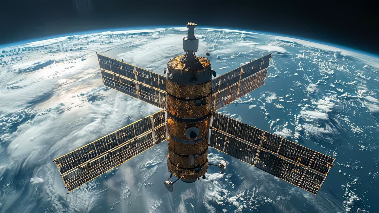 Satellite orbits Earth beautifully. A satellite orbits above Earth, showcasing our planet's beauty and the endless cosmos