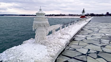 aerial view of ice covering the saint joseph lighthouse, winter in michigan, usa