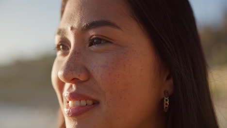 thinking, happy and face of woman at beach