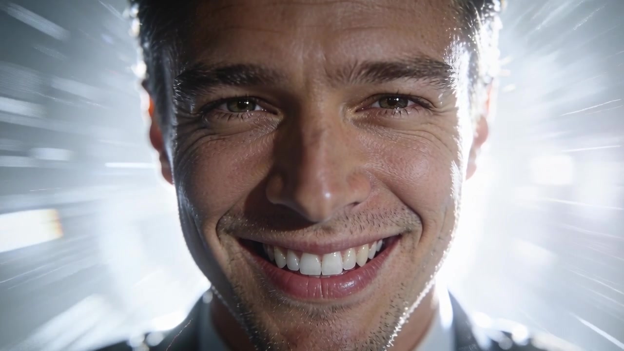 Smiling male reacting to lights ramping up, camera zooming in studio, in suit, creating burst