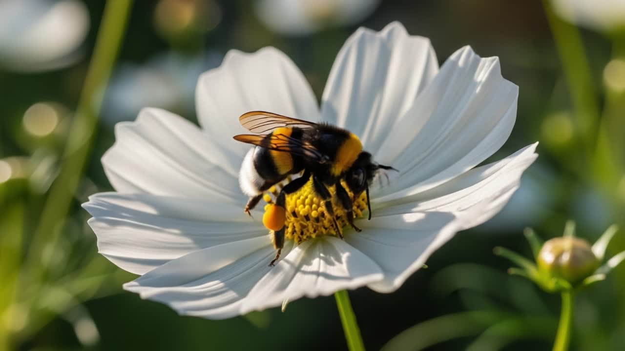 A Beautiful Bumblebee Pollinates a Delicate White Flower with Vibrant Yellow Center in the Sunny Garden during the Blissful Spring Season