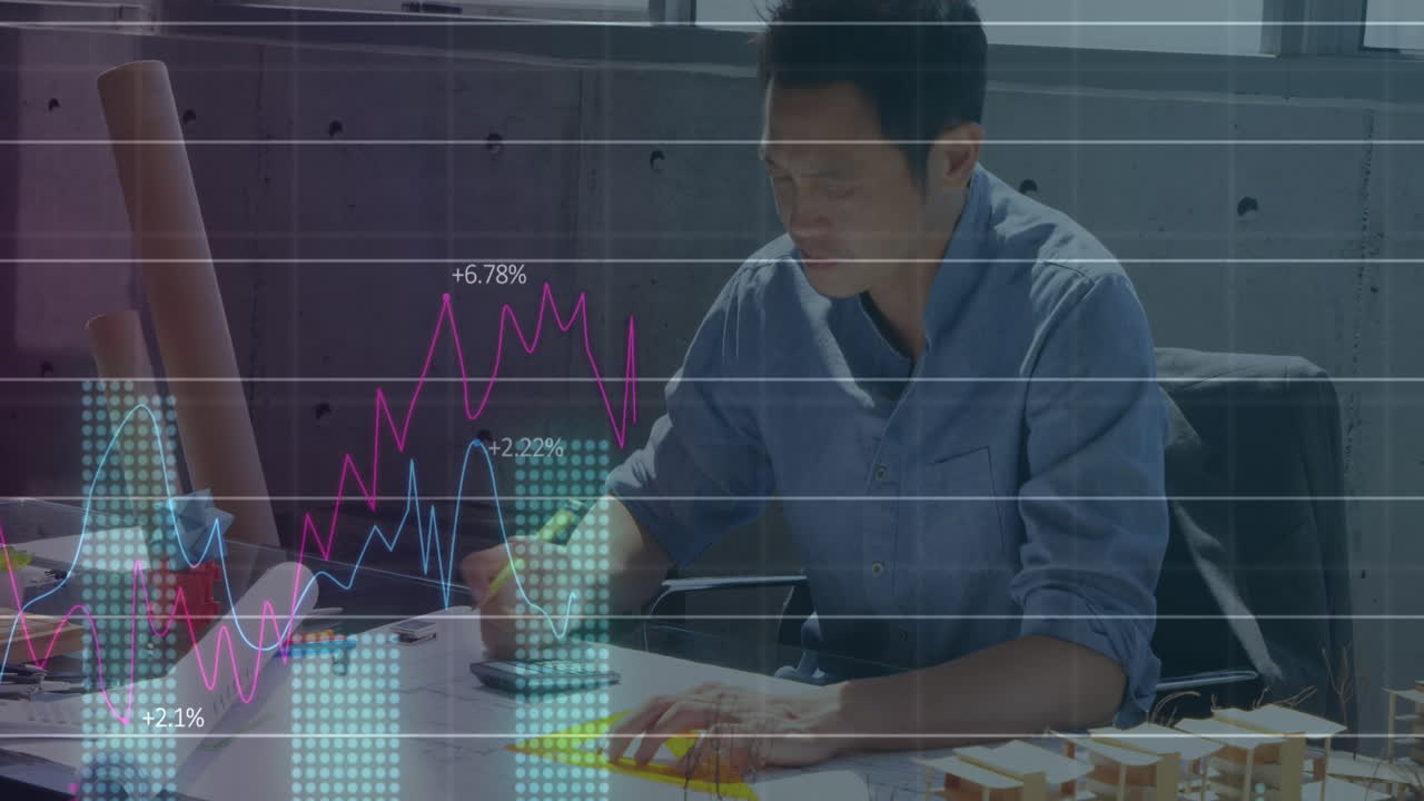 남성 건축가 작업에 대한 금융 데이터 처리의 애니메이션