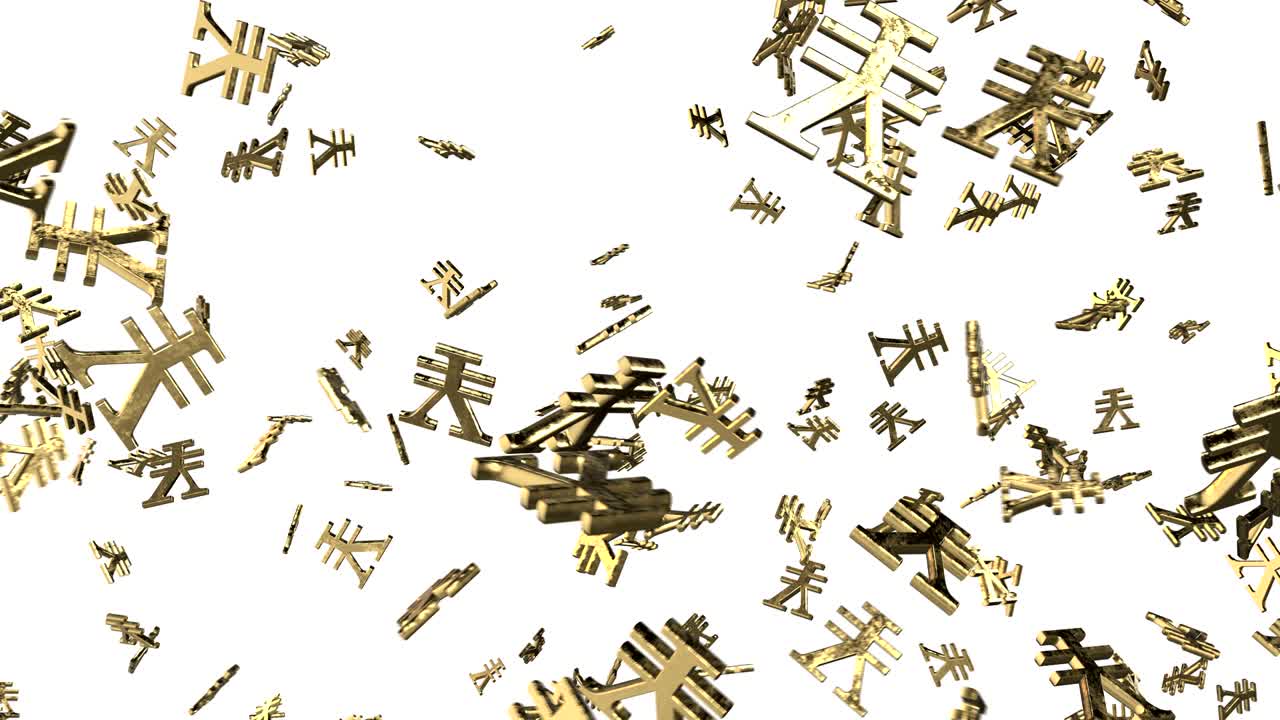 혼란스럽게 회전하는 3d 골든 -유안 마크와 함께 루프 애니메이션 배경.