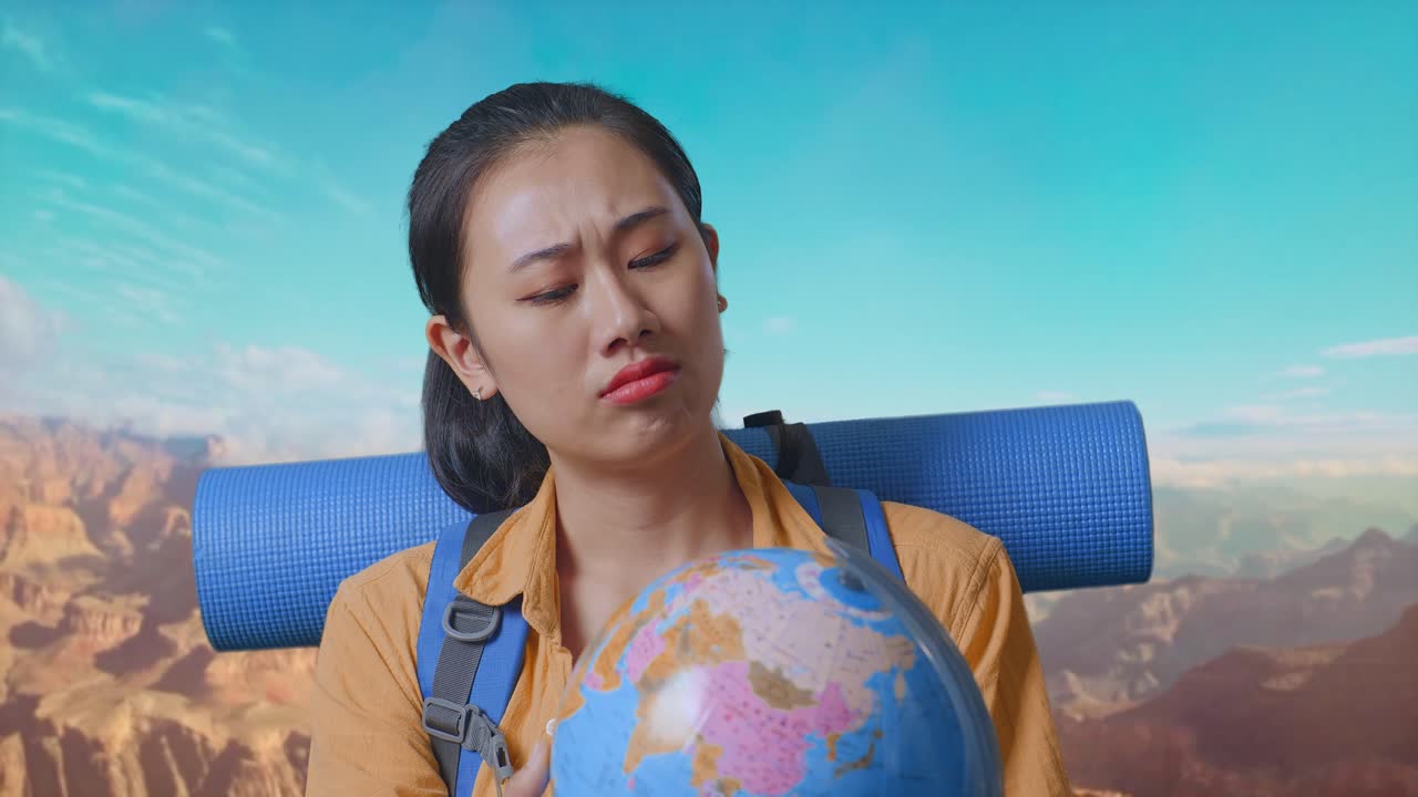 Close Up Of Asian Female Hiker With Mountaineering Backpack Looking At World Globe In Her Hands And Making Confused Gesture While Traveling At The Top Of Mountain