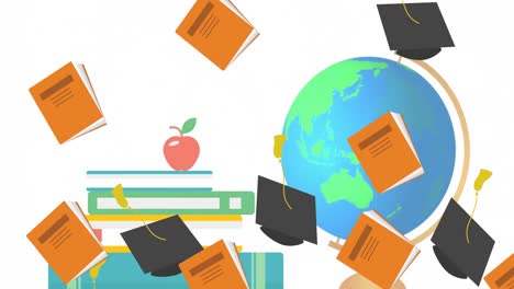 animation of graduation hats over school books and globe