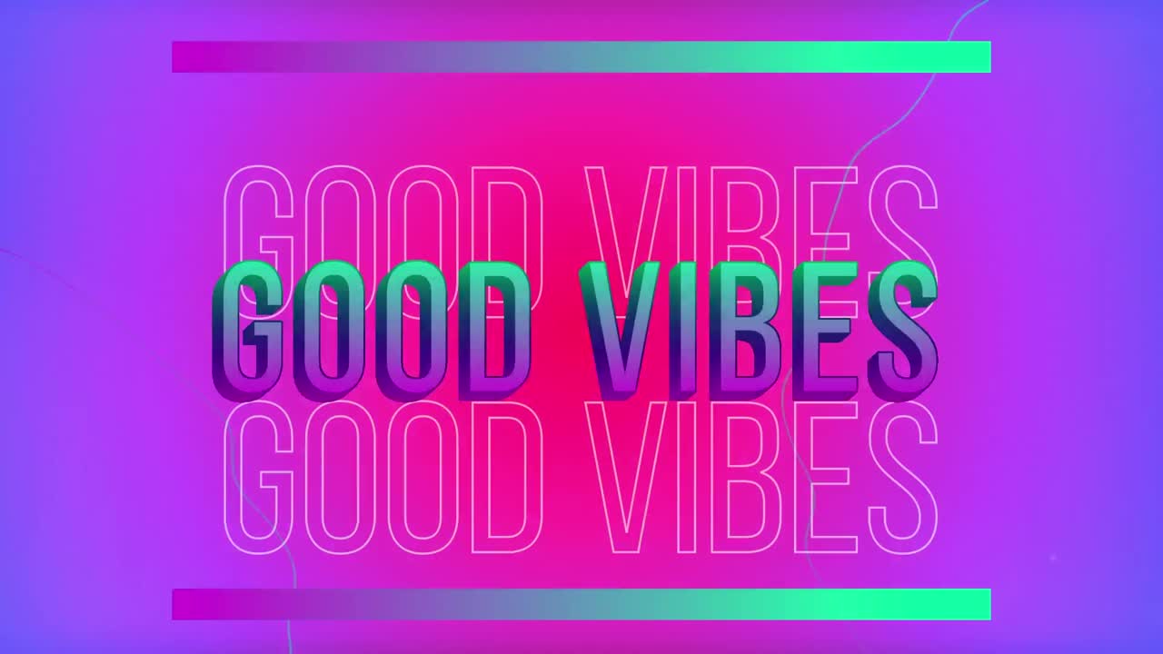 Animation of vibes text over glowing pink and purple background