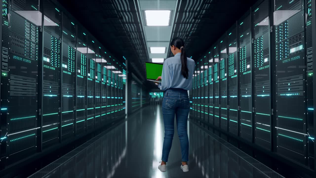 Full Body Back View Of Asian Female In Server Room Data Center, Typing On Laptop'S Keyboard With Green Screen And Look At Factory