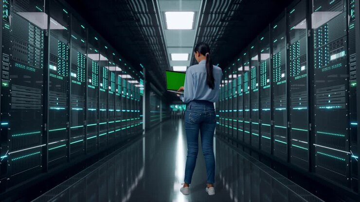 Full Body Back View Of Asian Female In Server Room Data Center, Typing On Laptop'S Keyboard With Green Screen And Look At Factory