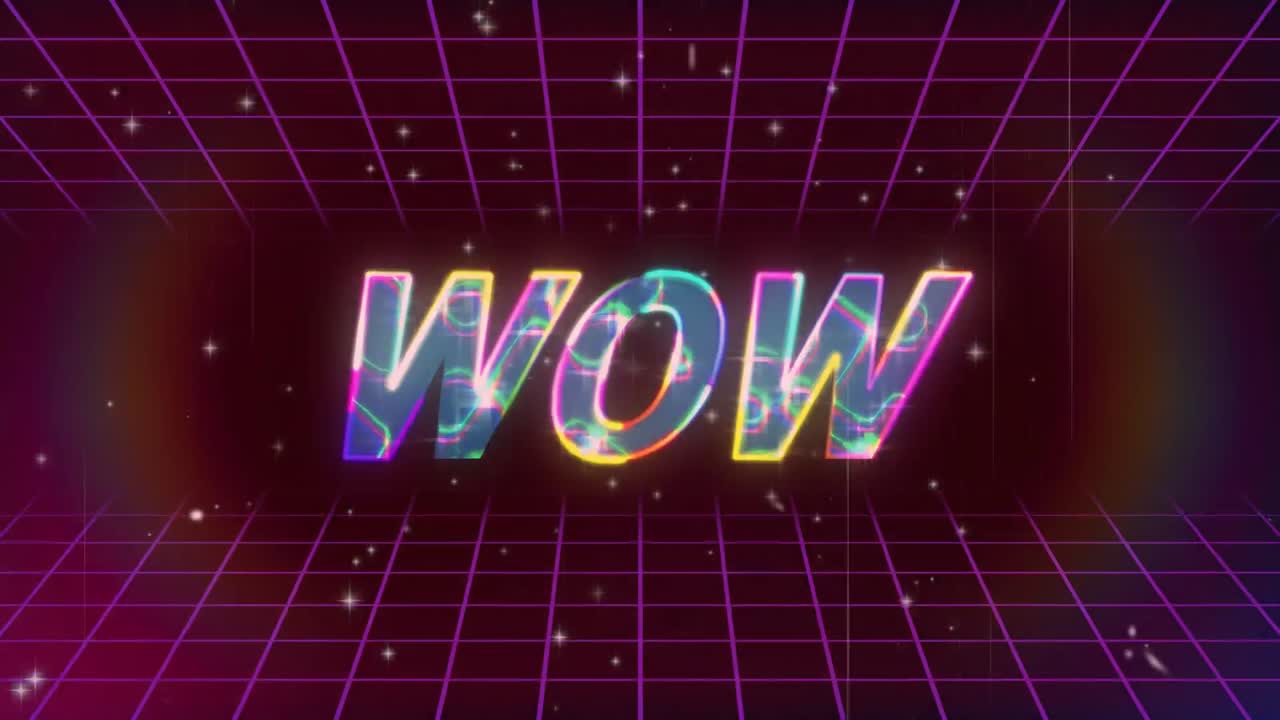 애니메이션 빈티지 비디오 게임 화면에 와우라는 단어가 적혀 있습니다.