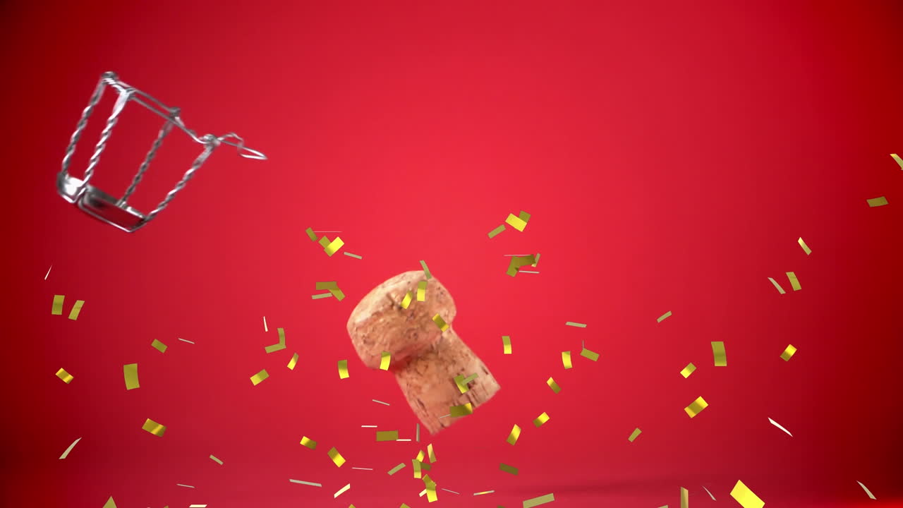 animación de confeti cayendo sobre la apertura del champán sobre un fondo rojo