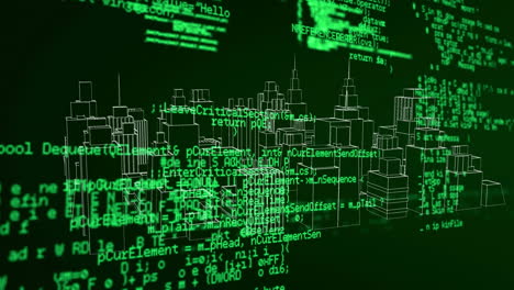 Digital animation of data processing over 3d city model spinning on black background