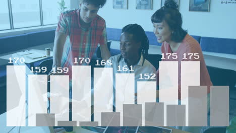 animation of data processing and diagrams over diverse colleagues discussing work in office