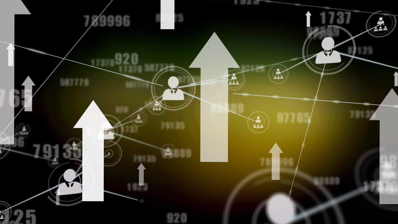 검은색 배경에 아이콘을 가진 연결 네트워크에 대한 화살표의 애니메이션