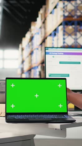 vertical video multiethnic team of warehouse workers next to green screen monitor