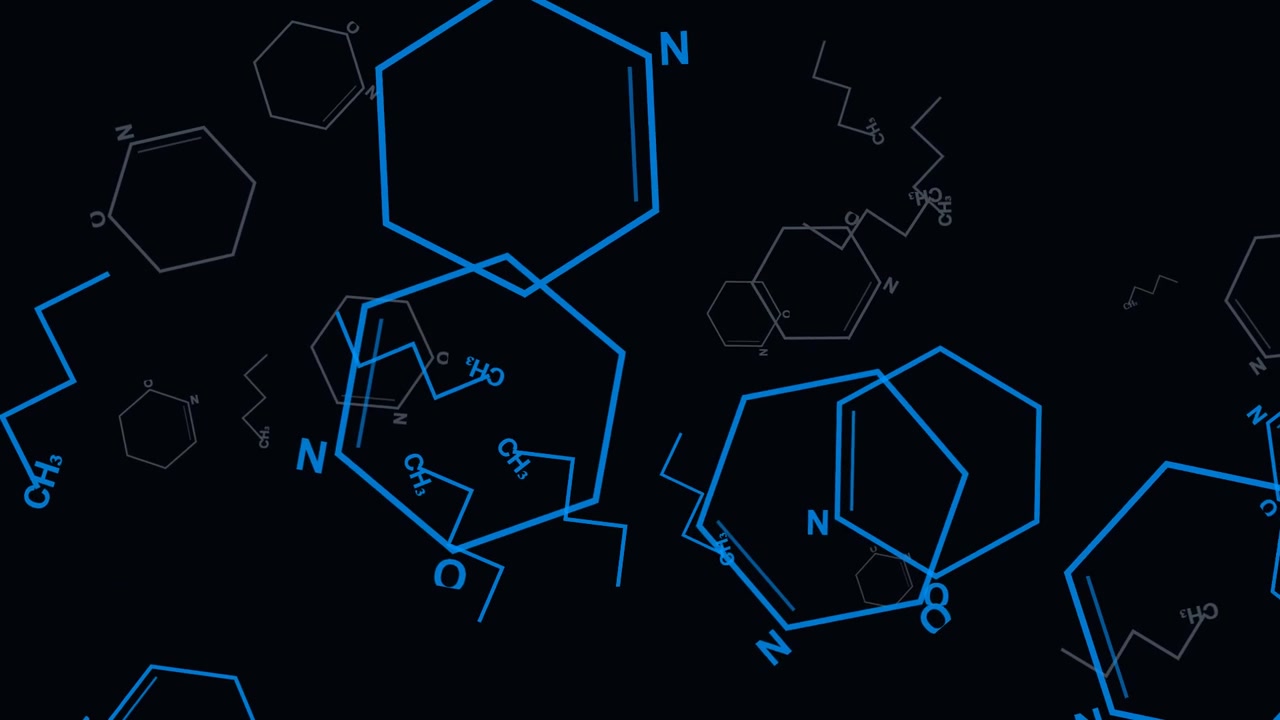 Animated Chemical Structures Floating on Dark Background